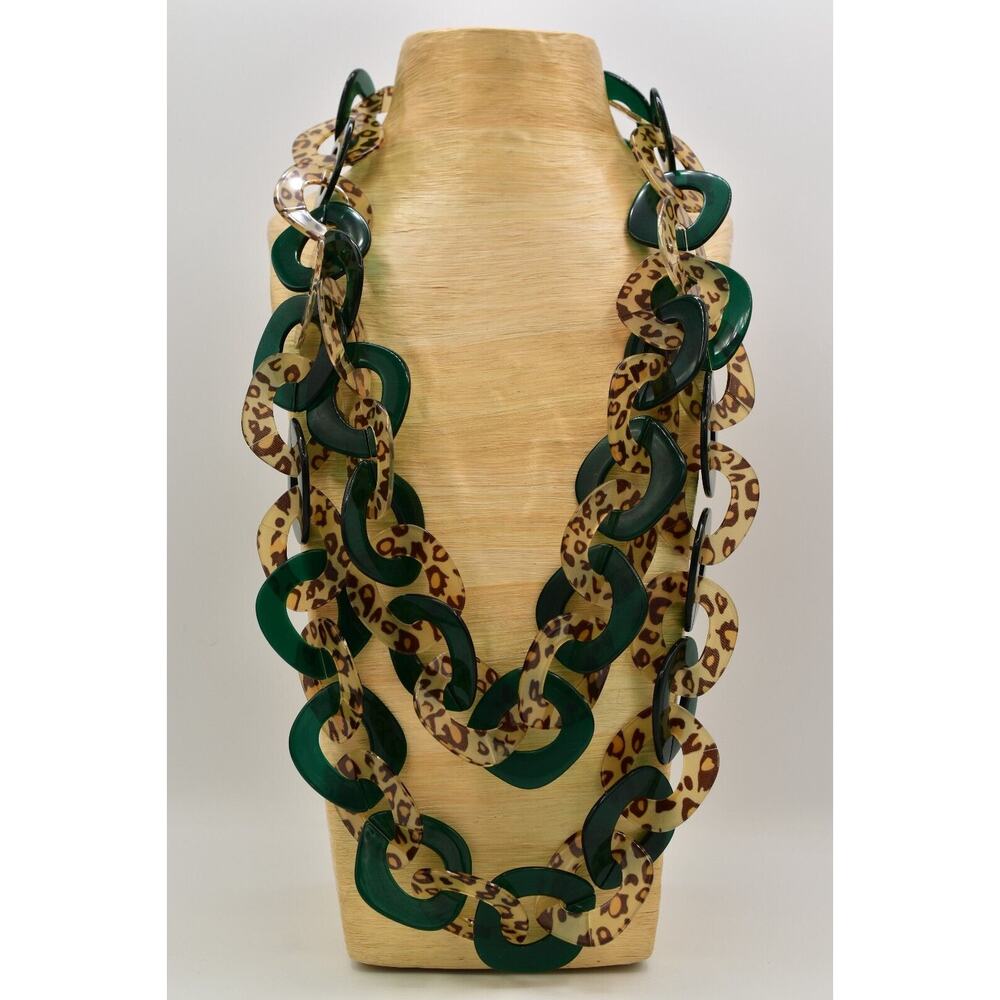 Sassy Jones Bold Lucite Statement Necklace Chunky Leopard Dark Green SJ Bin2C